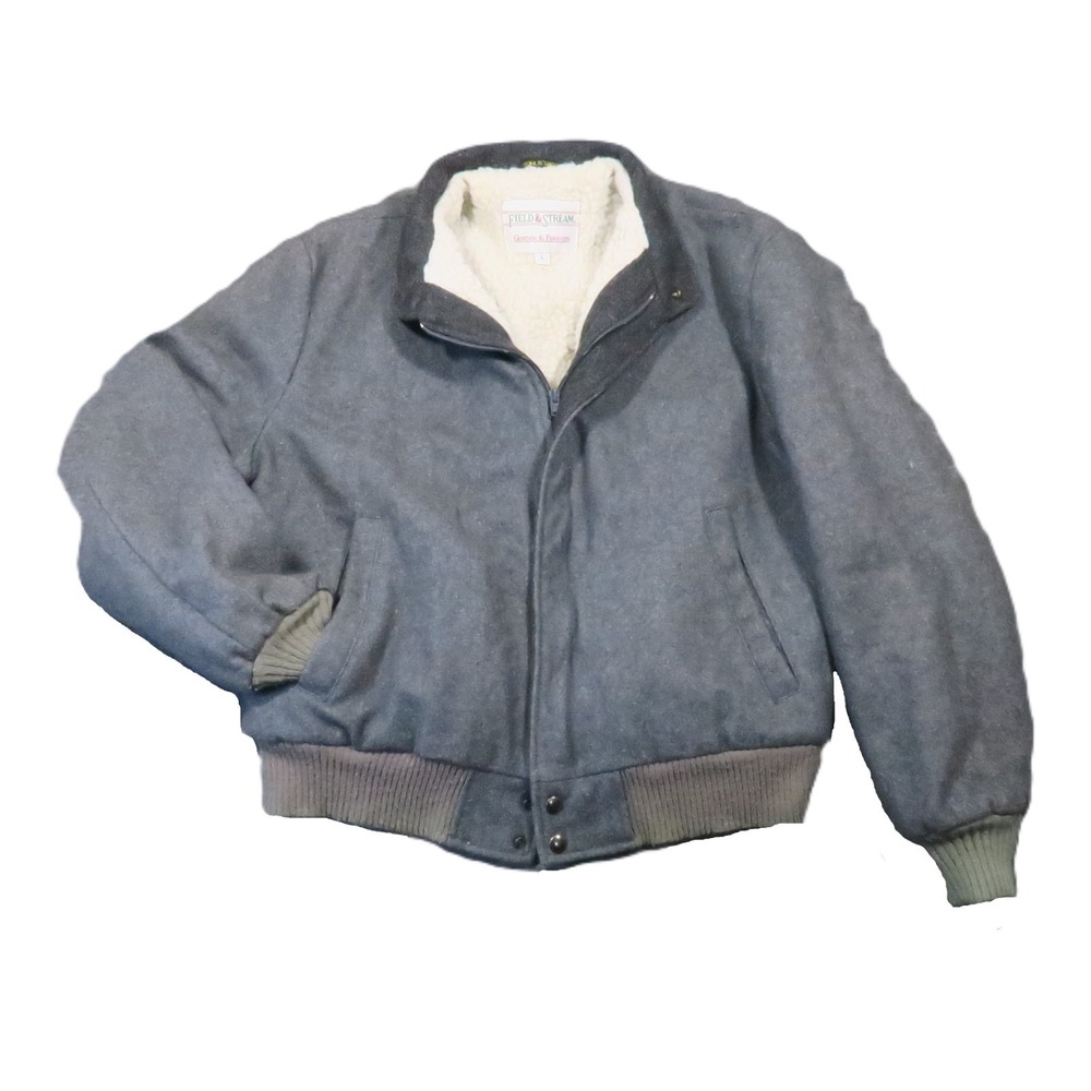 Field & Stream Sherpa Lined Wool Bomber Jacket L Gray USA Vtg Gordon Ferguson